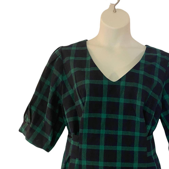 Eloquii Cotton Flannel Green Navy Plaid Tie Back Office Casual Fall Winter Dress - Picture 9 of 16